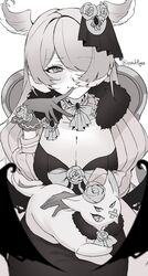  dress elira_pendora female finger_to_mouth fur_trim gloves hair_ornament hair_over_one_eye head_wings highres long_dress long_hair low_wings momofugu monochrome nijisanji nijisanji_en pikl_(elira_pendora) puffy_sleeves sitting solo virtual_youtuber wings 