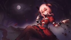  bat_(animal) black_pantyhose crossed_legs dress female flower full_moon halloween highres medium_hair moon nguoi_pi_an nijisanji nijisanji_en pantyhose petals pink_eyes pink_hair puffy_short_sleeves puffy_sleeves red_dress red_flower rose_petals rosemi_lovelock short_sidetail short_sleeves sitting smile solo virtual_youtuber wilted_flower 