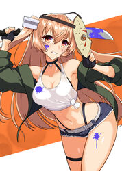  absurdres bodypaint breasts brown_eyes cleavage cowboy_shot female halloween highres jacket johnston_(kancolle) kantai_collection large_breasts light_brown_hair long_hair mask shiba_(zudha) shirt sleeveless sleeveless_shirt solo stomach tied_shirt two_side_up white_background 