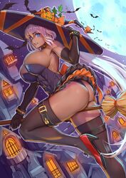  abs ass black_dress blue_eyes blue_moon breasts broom broom_riding caenis_(fate) cleavage commentary_request dark-skinned_female dark_skin dress fate/grand_order fate_(series) female full_moon halloween hat highres huge_moon large_breasts long_hair looking_at_viewer massive_kagawa moon night night_sky short_dress sky solo thighs very_long_hair white_hair witch_hat 