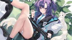  animal black_gloves blue_archive blue_necktie blush breasts closed_mouth collared_shirt female gloves gun highres holding holding_gun holding_weapon id_card jacket long_hair long_sleeves medium_breasts necktie panties purple_eyes purple_hair shirt sig_mpx sig_sauer solo submachine_gun suit two-sided_fabric two-sided_jacket two_side_up underwear uosaasou weapon white_jacket white_panties white_shirt yuuka_(blue_archive) 