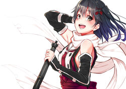  :d armpits bare_shoulders black_gloves black_hair blush brown_eyes buttons commentary double-breasted elbow_gloves female floating_hair floating_scarf from_side gloves hair_ornament holding holding_torpedo kantai_collection looking_at_viewer looking_to_the_side mikan_(chipstar182) neckerchief open_mouth red_neckerchief red_sash red_shirt sailor_collar sash scarf school_uniform sendai_(kancolle) serafuku shirt short_hair simple_background smile solo teeth torpedo two-tone_shirt two_side_up upper_body white_background white_sailor_collar white_scarf white_shirt 