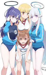  4girls absurdres adjusting_hair black_shirt blonde_hair blue_archive blue_buruma blue_jacket breast_rest breasts breasts_on_head brown_eyes brown_hair buruma commentary crossover dated grey_hair grey_halo gym_shirt gym_shorts gym_uniform hair_behind_ear hair_ornament hairpin halo hand_on_another&#039;s_shoulder hands_on_own_thighs highres id_card jacket jacket_partially_removed kippei large_breasts leaning_forward long_hair looking_at_viewer mechanical_halo medium_breasts medium_hair misaka_mikoto multiple_girls no_emblem noa_(blue_archive) official_alternate_costume partially_unzipped ponytail purple_eyes purple_hair red_trim revision shaded_face shirt shokuhou_misaki short_shorts shorts signature sleeveless sleeveless_shirt smile sparkling_eyes standing toaru_kagaku_no_railgun toaru_kagaku_no_railgun_t toaru_majutsu_no_index tokiwadai_school_gym_uniform track_jacket very_long_hair white_shirt white_shorts yuuka_(blue_archive) yuuka_(track)_(blue_archive) 