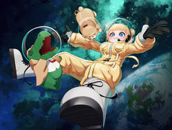  @_@ absurdres alligator appleblossomtea astronaut blonde_hair blue_eyes bodysuit boots bubba_(watson_amelia) canine commentary crocodilian double_bun earth_(planet) english_commentary female full-length_zipper grin hair_bun headset helmet highres hololive hololive_english investigator_(amelia_watson) official_alternate_costume official_alternate_hairstyle outstretched_arms planet short_hair smile solo_focus space space_helmet spacesuit virtual_youtuber watson_amelia watson_amelia_(astronaut) white_footwear yellow_bodysuit zipper 