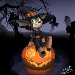  1:1 anthro big_eyes cemetery clothing deer female fluffy_ears food fruit hair halloween halloween_theme hat headgear headwear hi_res holidays hooves isa_sturmi mammal plant pumpkin red_hair short_stack solo turkojar witch_costume witch_hat 