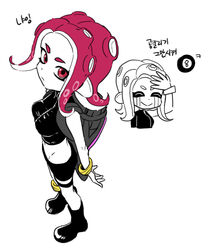  8-ball agent_8_(splatoon) boots closed_eyes commentary_request crop_top dede_(qwea_00000) female inset looking_at_viewer midriff octoling octoling_girl octoling_player_character red_eyes red_hair simple_background solo splatoon_(series) splatoon_2 splatoon_2:_octo_expansion standing tentacle_hair white_background 