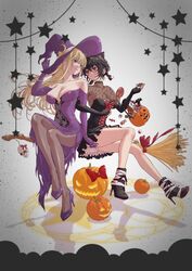  2girls alternate_eye_color animal_ear_fluff animal_ears asahina_yuni bare_shoulders black_footwear black_hair black_pantyhose blonde_hair blue_eyes boots bow braid breasts broom broom_riding brown_eyes candy candy_cane candy_wrapper cat_ears cleavage collarbone commentary_request covered_collarbone covered_navel dress elbow_gloves eyeball fingerless_gloves floating_hair food gloves hair_between_eyes hairbow halloween halloween_bucket halloween_costume hat high_heel_boots high_heels highres holding holding_candy holding_food holding_lollipop iwami_kiyoko jack-o&#039;-lantern kyou_wa_kanojo_ga_inai_kara large_breasts locked_arms lollipop long_hair low_twin_braids magic_circle medium_breasts mole mole_on_breast multiple_girls nail_polish off-shoulder_dress off_shoulder official_art pantyhose pelvic_curtain pumpkin purple_dress purple_footwear purple_headwear purple_nails red_bow see-through short_hair side_slit sidelocks skull star_(symbol) swirl_lollipop taki_fuuko thigh_grab torn_clothes torn_dress twin_braids witch_hat 