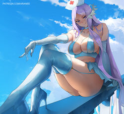  araneesama arm_support ass blue_skirt blue_sky breasts choker cleavage closed_mouth cloud collarbone covered_nipples cross elbow_gloves female garter_straps gloves halterneck hat high_heels highres knees_up large_breasts legs long_hair looking_at_viewer navel nurse_cap on_railing outdoors outstretched_arm parted_bangs patreon_username pleated_skirt purple_eyes purple_hair quinella railing red_cross revealing_clothes sitting skirt sky smile solo sword_art_online sword_art_online:_alicization thighhighs thighs very_long_hair white_footwear white_gloves white_hat white_thighhighs 