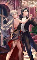  1boy absurdres backless_dress backless_outfit bare_shoulders black_dress blue_eyes breasts couple crazy_ones dancing dress female formal gold_bow grey_hair highres large_breasts long_hair official_art protagonist_(crazy_ones) red_eyes suit xia_bing_(crazy_ones) 