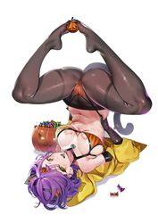  absurdres animal_ears ass bare_shoulders bikini black_pantyhose body_writing breasts cameltoe candy cat_ears cat_tail cleavage commentary elbow_gloves fake_animal_ears fake_tail female food food_in_mouth full_body gloves hair_between_eyes hair_ornament halloween halloween_bucket highres hood hooded_jacket jack-o&#039;-lantern jack-o&#039;-lantern_hair_ornament jacket jacket_partially_removed large_breasts legs lollipop looking_at_viewer navel open_mouth orange_bikini original pantyhose pantyhose_under_swimsuit purple_hair shadow short_hair sidelocks simple_background smile solo stomach striped_bikini striped_clothes swimsuit tail teddy_(khanshin) thighband_pantyhose upside-down white_background yellow_eyes yellow_jacket yoga yura_(teddy) 