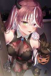  absurdres black_cat black_footwear black_gloves black_leotard blush bodystocking boots breasts bucket candy cleavage demon_horns demon_wings elbow_gloves feline female food gloves halloween heterochromia highres holding holding_bucket holding_candy holding_food holding_lollipop hololive horns houshou_marine houshou_marine_(marching_band) large_breasts leotard lollipop looking_at_viewer miroku_yy multicolored_hair official_alternate_costume pink_hair red_eyes red_hair smile solo streaked_hair swirl_lollipop thigh_boots tongue tongue_out virtual_youtuber wings yellow_eyes 