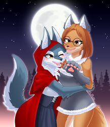  anthro blush brown_body brown_hair brown_tail canid canine canis clothed clothing domestic_dog duo eyewear fairy_tales female female/female fluffy_hinu fur glasses grey_body grey_fur grey_tail hair halloween hi_res holidays hug illumination_entertainment little_red_riding_hood_(copyright) mammal orange_eyes porsha_crystal sing_(movie) suki_lane tail wolf yellow_eyes 