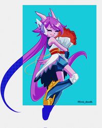  2023 anthro aquatic_dragon boots bouquet closed_eyes clothed clothing dragon emis_doodls female flower flower_bouquet footwear freedom_planet galaxytrail hair hi_res horn marine mythological_creature mythological_scalie mythology plant purple_hair sash_lilac scalie simple_background solo tail 