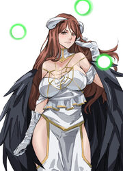  absurdres adjusting_hair albedo_(overlord) albedo_(overlord)_(cosplay) bare_shoulders black_wings breasts brown_eyes brown_hair cerovein closed_mouth commentary_request cosplay demon_horns detached_collar dress elbow_gloves energy energy_ball english_commentary feathered_wings female gloves glowing highres hip_vent horns large_breasts large_wings lips long_hair looking_at_viewer low_horns low_wings md5_mismatch mixed-language_commentary mugino_shizuri off-shoulder_dress off_shoulder official_alternate_color official_alternate_costume overlord_(maruyama) plasma psychic solo toaru_kagaku_no_railgun toaru_kagaku_no_railgun_s toaru_majutsu_no_index toaru_majutsu_no_index:_imaginary_fest white_background white_dress white_gloves white_horns wings 