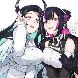  2girls aqua_hair aradia_ravencroft asymmetrical_docking asymmetrical_horns black_hair breast_press breasts colored_inner_hair dasdokter demon_horns highres hololive hololive_english horns large_breasts long_hair looking_at_viewer malpha_ravencroft mole mole_under_eye multicolored_hair multiple_girls nerissa_ravencroft pink_eyes revision short_hair siblings sisters two-tone_hair uneven_horns virtual_youtuber wavy_hair 