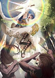  2boys alternate_costume armor armored_dress axe blue_cape blue_eyes blue_hair breastplate cape day detached_sleeves dress falchion_(fire_emblem) female fire_emblem fire_emblem_awakening fur-trimmed_cape fur_trim gladiator_sandals highres holding holding_axe holding_shield holding_sword holding_weapon light_particles light_rays looking_down mask morgan_(female)_(fire_emblem) morgan_(fire_emblem) multiple_boys open_mouth outdoors sandals shield short_hair silvertsuki sword toeless_footwear toes weapon white_dress white_sleeves 