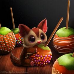  1:1 2023 ambiguous_gender apple australian_possum blue_eyes brown_body brown_fur candy candy_apple caramel_(food) comically_large_object dessert detailed detailed_food digital_media_(artwork) digital_painting_(artwork) english_text feral food fruit fur halloween holding_food holding_object holidays licking licking_food mammal marsupial membrane_(anatomy) micro patagium petaurid piper_thibodeau plant sitting solo sugar_glider tan_body tan_fur text tongue tongue_out 