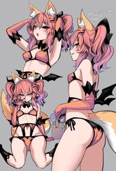  absurdres aged_down animal_ear_fluff animal_ears ass bare_shoulders basket bow breasts candy cleavage commentary elbow_gloves fate/extra fate_(series) female food fox_ears fox_girl fox_tail garter_belt gloves hair_between_eyes hair_ornament hairbow halloween highres holding holding_basket jack-o&#039;-lantern jack-o&#039;-lantern_hair_ornament lollipop long_hair looking_at_viewer mesugaki multiple_views oerba_yun_fang pink_hair sidelocks skin_fang small_breasts smile tail tamamo_(fate) tamamo_no_mae_(fate/extra) tongue tongue_out twintails wisespeak yellow_eyes 