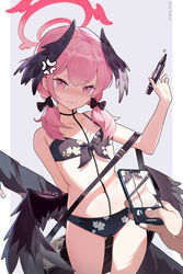  absurdres anger_vein arm_behind_back ass_visible_through_thighs bag bikini black_bikini black_bow black_wings blue_archive bow cellphone commentary_request feathered_wings flat_chest floral_print front-tie_bikini_top front-tie_top hairbow halo head_wings highres holding holding_marker holding_phone koharu_(blue_archive) koharu_(swimsuit)_(blue_archive) kongtoulaotou low_twintails low_wings marker navel petite phone pink_halo pov pov_hands print_bikini smartphone spaghetti_strap swimsuit twintails wings 