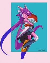  2023 anthro aquatic_dragon boots bouquet closed_eyes clothed clothing dragon emis_doodls female flower flower_bouquet footwear freedom_planet galaxytrail hair hi_res horn marine mythological_creature mythological_scalie mythology plant purple_hair sash_lilac scalie simple_background solo tail 