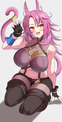  absurdres animal_ear_fluff animal_ears boots breasts cat_ears cat_tail commentary_request duel_monster female fingerless_gloves gloves goggles hand_up highres kirikan_(cokekiri) kneeling large_breasts long_hair midriff navel open_mouth pink_hair skirt solo tail tail_ornament tail_ring thigh_boots tri-brigade_ferrijit_the_barren_blossom tri-brigade_mercourier yellow_eyes yu-gi-oh! 