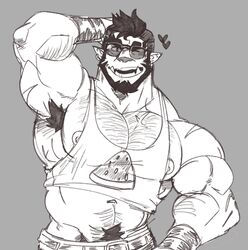  1boy arm_hair armpits bara beard blush chest_hair cropped_shirt facial_hair food_print greyscale hairy heart highres juggermelon large_pectorals male_focus mature_male midriff mohawk monochrome monster_boy muscular muscular_male one_eye_closed orc original pectoral_cleavage pectorals pointy_ears rhys_(juggermelon) short_hair smile solo sunglasses tank_top thick_eyebrows tusks watermelon_print 