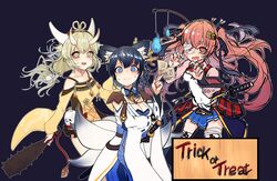  3girls absurdres animal_ears arm_under_breasts armor arrow_(projectile) bandage_over_one_eye bare_shoulders black_background black_ribbon blonde_hair blood blood_on_face blood_on_hands blue_eyes blue_hair blue_sash blue_skirt breasts cat_ears cleavage closed_mouth club_(weapon) collarbone commentary cow_horns demon_horns detached_collar dress fake_animal_ears fake_horns fake_tail fangs fishing_rod floating_hair foeyp fox_ears fox_tail goou_yoshimitsu hair_ornament hair_rings halloween_costume hands_up highres horns japanese_armor japanese_clothes jouizumi_masamune kanabou katana kimono kusazuri kuwana_gou_(tenka_hyakken) long_hair low_ponytail miko multiple_girls multiple_tails omikuji open_mouth pink_kimono print_dress raised_eyebrows red_eyes red_hair ribbon ribbon-trimmed_sleeves ribbon_trim sash sheath sheathed skirt skull string sweatdrop sword tail tassel tenka_hyakken thick_eyebrows trick_or_treat two_side_up waist_cape weapon wide_sleeves will-o&#039;-the-wisp_(mythology) yellow_dress yellow_eyes 