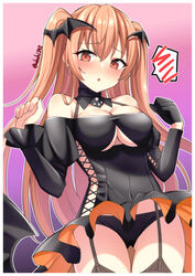  akahi242 black_dress black_gloves blush breasts brown_eyes cleavage cowboy_shot dress female garter_straps gloves hair_ornament halloween_costume highres johnston_(halloween_mode)_(kancolle) johnston_(kancolle) kantai_collection large_breasts light_brown_hair long_hair looking_at_viewer off_shoulder solo two_side_up 