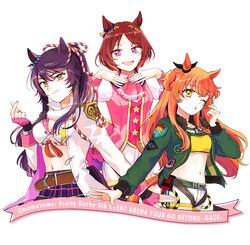  3girls :o animal_ears ascot bandaid bandaid_on_face bandaid_on_nose belt black_hair black_skirt blush bomber_jacket breasts brown_hair chest_sarashi closed_mouth coat commentary_request crop_top cropped_legs dog_tags english_text finger_heart fingerless_gloves fur-trimmed_jacket fur_choker fur_trim gloves green_jacket hair_ornament hand_up heart_arms heart_arms_trio highres horse_ears horse_girl jacket long_hair long_sleeves looking_at_viewer mayano_top_gun_(umamusume) medium_breasts midriff multiple_girls narita_brian_(umamusume) navel one_eye_closed open_clothes open_coat open_jacket open_mouth orange_hair pink_ascot pink_eyes pink_gloves pink_jacket plaid plaid_skirt ponytail rope sakura_laurel_(umamusume) sarashi shimenawa shirt short_hair shorts simple_background skirt small_breasts smile two_side_up umamusume white_background white_coat white_shorts yellow_eyes yellow_shirt yonu_(yonurime) 