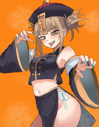  absurdres alternate_costume bags_under_eyes bare_hips bare_shoulders blonde_hair blunt_bangs boku_no_hero_academia breasts chinese_clothes cowboy_shot detached_sleeves double_bun fangs female fingernails hair_bun halloween halloween_costume highres jiangshi loincloth long_fingernails looking_at_viewer medium_breasts messy_hair midriff multicolored_nails narrowed_eyes navel open_mouth orange_background simple_background skirt slit_pupils smile solo toga_himiko tongue tongue_out tsurime wide_sleeves yellow_eyes zd_(pixiv6210083) zombie 