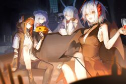  +_+ 6+girls :d absurdres animal_ears arknights bare_shoulders bear_ears bear_girl black_dress black_footwear black_gloves black_jacket black_shorts blue_eyes boots bottle breasts bucket candlestand couch crossed_legs crownslayer_(arknights) cup demon_girl demon_horns demon_tail dragon_girl dragon_tail dress drinking_glass ears_through_hood fingerless_gloves fireplace frostnova_(arknights) gloves grey_eyes hair_ornament hair_over_one_eye hairclip halloween halloween_bucket hat head_rest highres holding holding_bucket holding_cup holding_vial horns indoors jacket looking_at_viewer misha_(arknights) multiple_girls night nine_(arknights) object_through_head open_clothes open_jacket open_mouth orange_eyes orange_hair potion pumpkin rabbit_ears rabbit_girl screw_in_head shirt shorts sitting sleeveless sleeveless_dress sleeveless_jacket small_breasts smile stairs t-shirt tail talulah_(arknights) teeth upper_teeth_only w_(arknights) watanabe_kawa white_hair white_shirt window wine_glass witch_hat wolf_ears wolf_girl yellow_eyes 