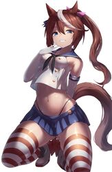  absurdres animal_ears ass_visible_through_thighs bare_shoulders blue_eyes blue_skirt brown_hair commentary_request cosplay crop_top ear_ornament elbow_gloves female gloves highres horse_ears kantai_collection knees_apart_feet_together long_hair midriff miniskirt multicolored_hair navel ponytail saikuu sailor_collar sailor_shirt shimakaze_(kancolle) shimakaze_(kancolle)_(cosplay) shirt simple_background skirt sleeveless sleeveless_shirt solo stomach streaked_hair striped_clothes striped_thighhighs thighhighs thighs tokai_teio_(umamusume) umamusume white_background white_gloves white_hair 