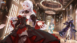  3girls absurdres bare_shoulders black_dress black_gloves blue_eyes breasts brown_hair chandelier chinese_commentary cleavage commentary_request detached_sleeves dress earrings flower gloves grey_hair hair_ornament hair_over_one_eye high_heels highres holding honkai_(series) honkai_impact_3rd indoors jewelry logo long_hair long_sleeves looking_at_viewer multiple_girls official_art official_wallpaper open_mouth purple_eyes red_eyes rita_rossweisse rita_rossweisse_(fallen_rosemary) rose short_hair sleeveless sleeveless_dress smile theresa_apocalypse theresa_apocalypse_(luna_kindred) theresa_apocalypse_(lunar_vow:_crimson_love) thighhighs torn_clothes twintails watermark white_dress white_hair window zhuge_kongming_(honkai_impact) 