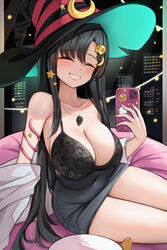  absurdres alternate_costume black_bra black_hair black_hat black_skirt blue_archive blush bra breasts cellphone cleavage closed_eyes collarbone crescent crescent_hat_ornament female fluffyebi01 grin hair_ornament hairclip halloween halloween_costume hat hat_ornament highres holding holding_phone ichika_(blue_archive) large_breasts long_hair phone skirt smartphone smile solo star_(symbol) star_hat_ornament underwear witch_hat 