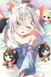  animal_ear_fluff animal_ears aqua_eyes bare_shoulders black_hair blonde_hair blue_jacket camisole cat_ears character_doll choker doll female ghost_hair_ornament grey_hair hair_ornament hairclip ichinose_uruha jacket kaga_nazuna kaga_sumire kogara_toto kokkovvv looking_at_viewer lupinus_virtual_games lying off_shoulder on_bed on_stomach one_eye_closed open_clothes open_jacket purple_eyes red_eyes short_hair solo spaghetti_strap thick_eyelashes virtual_youtuber vspo! white_camisole x_hair_ornament 