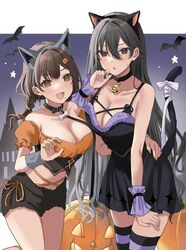  2girls animal animal_ears bare_shoulders bat_(animal) bell black_choker black_collar black_dress black_eyes black_hair black_hairband black_shorts bow braid breasts brown_eyes brown_hair brown_nails brown_shirt cat_ears cat_girl choker cleavage collar collarbone commentary_request dress fake_animal_ears hair_between_eyes hair_ornament hairband hairclip halloween hamu_(plot_sy) hand_on_another&#039;s_waist highres jack-o&#039;-lantern jack-o&#039;-lantern_hair_ornament jingle_bell long_hair low_twintails medium_breasts multiple_girls nail_polish neck_bell off-shoulder_shirt off_shoulder puffy_short_sleeves puffy_sleeves purple_nails shimizu_ai_(yankee_shimizu-san) shimizu_kei shirt short_shorts short_sleeves shorts star_(symbol) striped_clothes striped_thighhighs tail tail_bow tail_ornament thighhighs tonari_no_seki_no_yankee_shimizu-san_ga_kami_wo_kuroku_somete_kita twin_braids twintails very_long_hair white_bow wolf_ears wrist_cuffs 