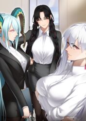  3girls black_hair black_jacket blue_hair breast_lift breasts commentary_request commission contemporary curled_horns doorway dress_shirt facial_mark fate/grand_order fate_(series) folder forehead_mark formal glowing glowing_eyes green_horns hand_on_own_hip holding holding_folder horns jacket kama_(fate) large_breasts large_horns long_hair long_horns long_sleeves looking_at_viewer looking_to_the_side multicolored_hair multiple_girls office_lady open_clothes open_jacket pantyhose parted_lips pencil_skirt pink_eyes pink_hair pixiv_commission pointy_ears profile red_eyes sessyoin_kiara shirt skirt streaked_hair tamamoice tiamat_(fate) upper_body v-shaped_eyebrows very_long_hair white_hair white_shirt wing_collar yellow_eyes 