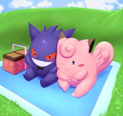  absurd_res ambiguous_gender astroodragon bedding blanket blush bow_tie clefairy duo fur generation_1_pokemon gengar hi_res nintendo picnic pink_body pink_fur pokemon pokemon_(species) sadflowerhappy smile 