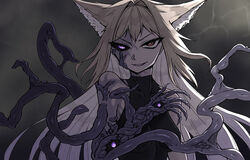  alternate_hair_length alternate_hairstyle animal_ear_fluff animal_ears asymmetrical_arms black_sclera blonde_hair breasts brown_eyes claws collarbone colored_sclera colored_skin eldritch_abomination extra_eyes female hair_intakes heterochromia highres long_hair looking_at_viewer medium_breasts mismatched_pupils mismatched_sclera monster_girl multicolored_skin original purple_eyes purple_skin skin_tight sleeveless slit_pupils smile solo tentacle tsurime two-tone_skin veins very_long_hair yuritopia 