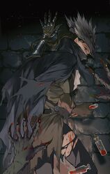  against_wall arm_up belt black_mask black_pants blood blood_vial bloodborne brick_wall brown_belt brown_gloves brown_hair cape claws female from_behind gloves hat highres holding_vial hunter_(bloodborne) mask monster mouth_mask pants ponytail revision solo_focus torn_cape torn_clothes torn_coat torn_hat tricorne yujia0412 