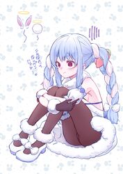  :/ @_@ animal_print ankle_garter armpits bare_shoulders black_gloves black_leotard black_pantyhose blue_hair bow braid breasts carrot_hair_ornament commentary_request detached_sleeves don-chan_(usada_pekora) dress female food-themed_hair_ornament footwear_bow full_body fur-trimmed_dress fur-trimmed_gloves fur_cuffs fur_trim gloves hair_ornament highres hikimayu hololive hugging_own_legs knees_up leotard leotard_peek leotard_under_clothes light_blue_hair looking_ahead no_animal_ears pantyhose parted_bangs puffy_sleeves rabbit_print red_eyes sitting small_breasts solo strapless strapless_leotard thick_eyebrows translation_request twin_braids usada_pekora usada_pekora_(1st_costume) virtual_youtuber white_background white_bow white_dress white_footwear white_hair wo_msnik 