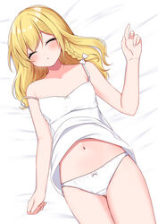  bad_id bad_pixiv_id bed_sheet blonde_hair blush bow bow_panties braid camisole camisole_lift closed_eyes clothes_lift commentary_request commission female hairbow highres kirisame_marisa lying navel on_back paid_reward_available panties parted_lips shinonome_asu side_braid single_braid skeb_commission sleeping solo stomach strap_slip touhou underwear underwear_only white_bow white_camisole white_panties 