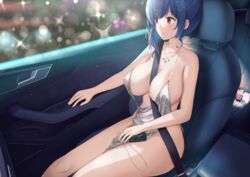  absurdres azur_lane bag bare_shoulders between_breasts blue_hair breasts car_interior collarbone commentary_request dress evening_gown female hair_ornament hairclip handbag highres jewelry joko_jmc large_breasts lens_flare necklace official_alternate_costume pelvic_curtain pink_nails red_eyes revealing_clothes seatbelt sideboob silver_dress sitting solo st._louis_(azur_lane) st._louis_(luxurious_wheels)_(azur_lane) thighs 