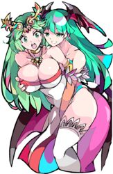  2girls absurdres ancient_greek_clothes bare_shoulders breasts chiton commentary_request crossover demon_girl demon_wings dress enpe grabbing grabbing_another&#039;s_breast greco-roman_clothes green_eyes green_hair head_wings highres jewelry kid_icarus large_breasts laurel_crown long_hair looking_at_another morrigan_aensland multiple_girls necklace open_mouth palutena pantyhose parted_bangs sexual_harassment simple_background smile strapless strapless_dress super_smash_bros. thighhighs vampire_(game) white_background white_thighhighs wings yuri 