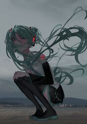  absurdres backlighting bags_under_eyes beach black_footwear black_skirt black_sleeves blue_eyes blue_hair blush boots closed_mouth collared_shirt commentary covered_mouth day detached_sleeves female floating_hair from_below glowing_tattoo hair_ornament hair_over_face hatsune_miku headset highres long_hair looking_at_viewer looking_down looking_to_the_side messy_hair mountainous_horizon outdoors overcast photo_background shirt shoulder_tattoo skirt sky skyline sleeveless sleeveless_shirt solo tattoo thigh_boots twintails uotak very_long_hair vocaloid white_shirt 