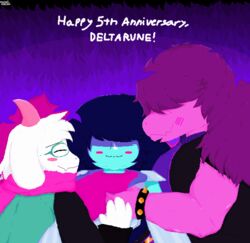  absurd_res anthro big_ears blush bovid breasts caprine closed_eyes clothed clothing cuddling deltarune detailed detailed_background detailed_fur dialogue digital_media_(artwork) dragon english_text eyewear female flustered fur goat grass hair hi_res horn hug human humanoid interspecies kris_(deltarune) lying male male/female male/male mammal mythological_creature mythological_scalie mythology outside pachiimochii plant ralsei reptile romantic scalie simple_background smile susie_(deltarune) text topwear undertale_(series) white_body white_fur 