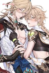  2boys aether_(genshin_impact) black_gloves blonde_hair blush braid closed_mouth earrings genshin_impact gloves gradient_hair hair_between_eyes highres jewelry kaveh_(genshin_impact) long_hair looking_at_viewer male_focus multicolored_hair multiple_boys open_mouth orange_eyes pectorals red_eyes shirt_grab short_sleeves simple_background single_braid single_earring sonomi white_background yaoi 