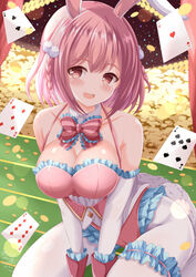  :d ace_(playing_card) ace_of_hearts animal_ears bare_shoulders between_legs blush bow braid breasts card cleavage club_(shape) coin commentary_request detached_sleeves diamond_(shape) female frilled_gloves frilled_sleeves frills gloves hair_between_eyes hand_between_legs heart highres hoshizaki_akari large_breasts leotard long_sleeves looking_at_viewer ongeki pantyhose pink_hair pink_leotard playboy_bunny playing_card rabbit_ears red_eyes red_gloves smile solo spade_(shape) striped striped_bow twin_braids white_pantyhose white_sleeves xenon_(for_achieve) 