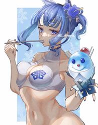  bare_shoulders bikini bikini_top_only blue_eyes blue_hair blue_nails blunt_bangs breast_press breasts cleavage cleavage_cutout clothing_cutout commentary female fire_emblem fire_emblem_heroes food highres holding holding_food holding_ice_cream holding_spoon ice_cream karashino medium_breasts nail_polish navel nifl_(fire_emblem) nifl_(summer)_(fire_emblem) official_alternate_costume official_alternate_hairstyle ponytail shaved_ice short_hair sidelocks solo spoon swimsuit white_bikini 