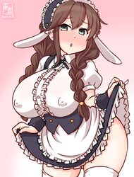  animal_ears apron artist_logo black_hairband blush braid breasts brown_hair center_frills cosplay covered_nipples cowboy_shot cross_tie droopy_ears fake_animal_ears female fleur_de_lapin_uniform floppy_ears frilled_apron frilled_cuffs frilled_hairband frilled_shirt frills gradient_background green_eyes hairband kanon_(kurogane_knights) kantai_collection kirima_syaro kirima_syaro_(cosplay) large_breasts lolita_hairband long_hair looking_at_viewer no_panties noshiro_(kancolle) one-hour_drawing_challenge open_mouth pink_background puffy_short_sleeves puffy_sleeves rabbit_ears shirt short_sleeves solo twin_braids underbust waist_apron waitress white_apron wrist_cuffs 